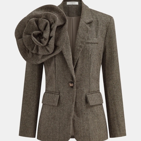 Jackets & Blazers - Commense Herringbone Blazer with Floral Statement Flower Accent Detachable L NWT